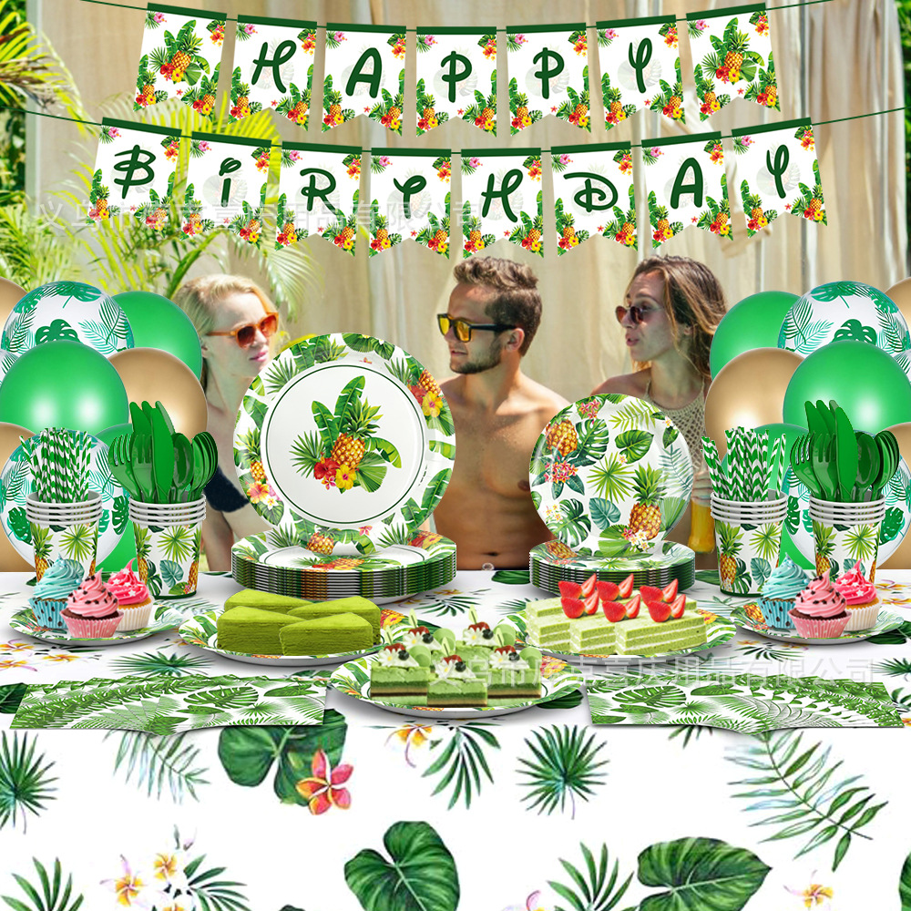 Nueva Hawaiian tema Fiesta decoración suministros hojas tropicales bandeja de papel desechable taza de papel tire bandera traje de tejido