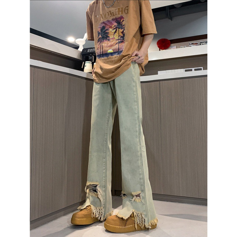 Jeans micro svasati neri puri con fori sui bordi sfrangiati, pantaloni americani high street aderenti e allungati, rossi da uomo e_voghion.com