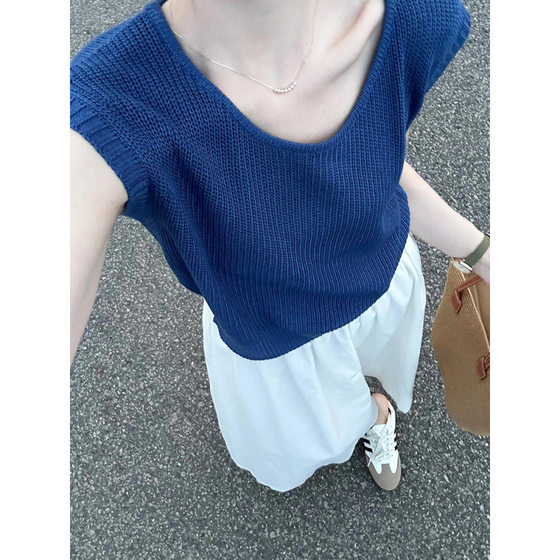 Blue Knitted Short-Sleeved T-Shirt for Women 2025 New Summer Ice Silk Vest Vest, Fashionable, Unique and Chic…