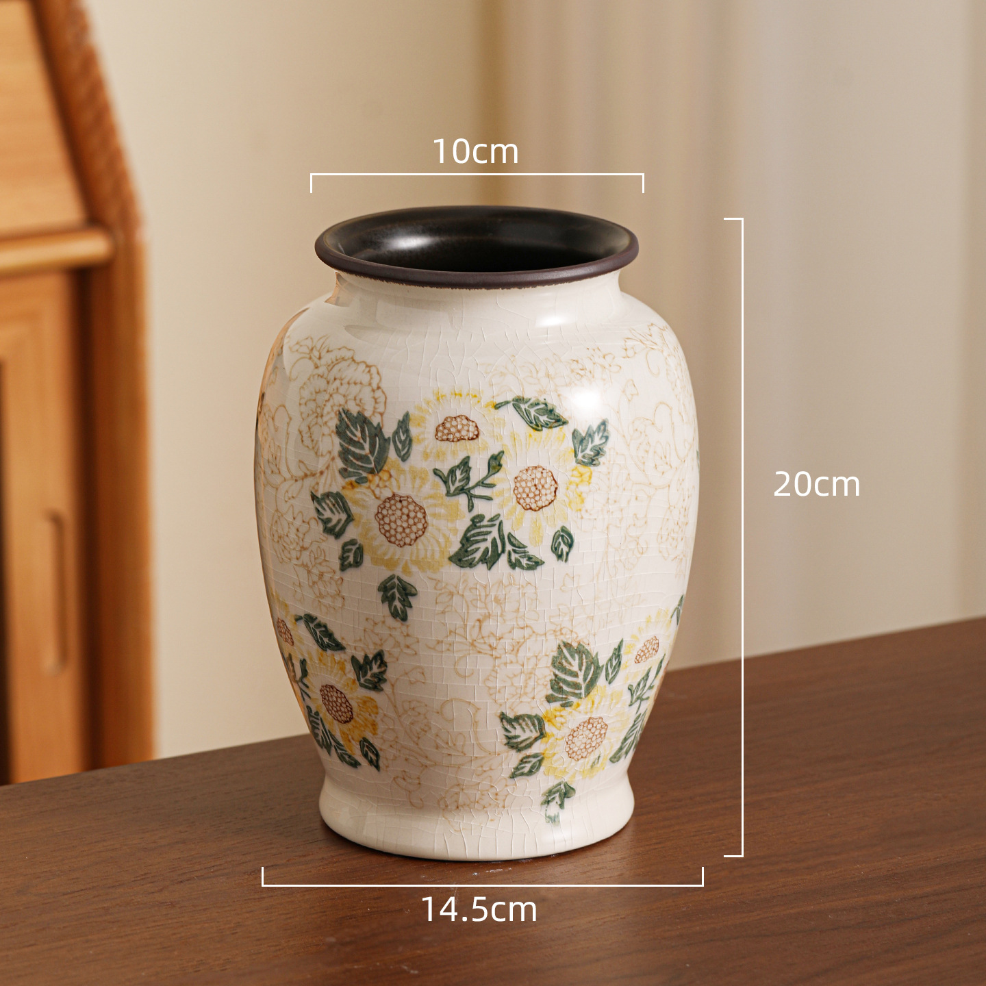 高級感のある新中式レトロな青花磁器、氷割れ模様の緑の花柄花瓶、フラワーアレンジメント、リビングルーム、玄関の装飾品