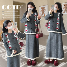 孕妇装秋冬新款韩版时尚显瘦蝴蝶结开衫毛衣+针织半身裙甜美套装