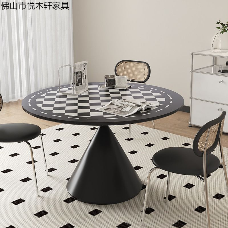 纯白哑光岩板圆形餐桌椅组合小户型家用现代纯黑简约饭桌子奶油风|undefined