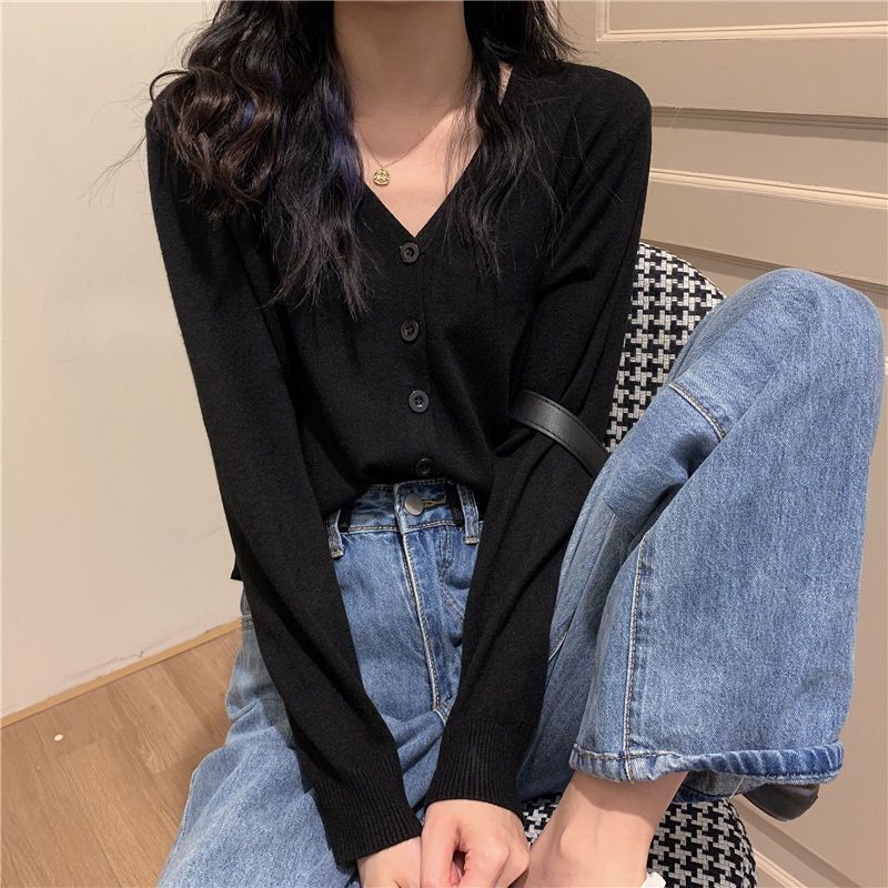 2025新款春秋针织开衫女韩版短款V领内搭长袖薄款毛衣外套外搭|undefined