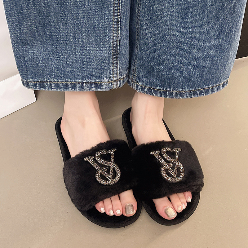 Foreign Trade Cross-Border Manufacturer Direct Sales Slip-On Slippers Indoor Home Slippers Rabbit Fur Large Size Diamond-Encrusted Special Invoice