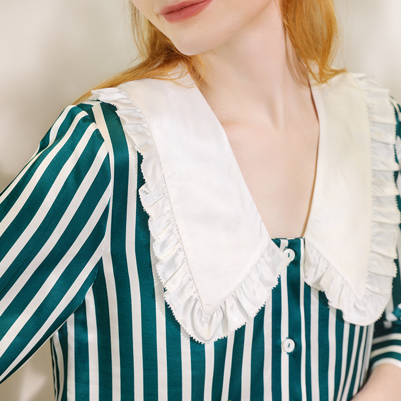 Summer New Silk Satin Shirt Women's Doll Collar Striped Printed Shirt Girl Design Top 85483