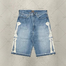 跨境欧美潮牌刺绣五分牛仔短裤男高街复古骨头刺绣宽松休闲中裤