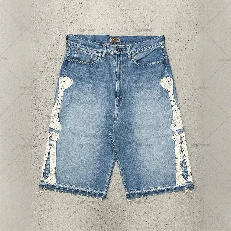 Трансграничные европейские и американские модные брендовые джинсовые шорты с вышивкой, мужские свободные повседневные брюки средней длины в стиле ретро с вышивкой