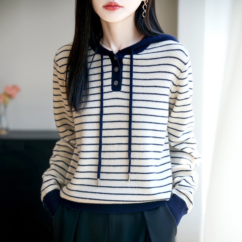 2025秋冬新款100羊毛衫女式宽松连帽撞色条纹卫衣打底针织衫毛衣|undefined