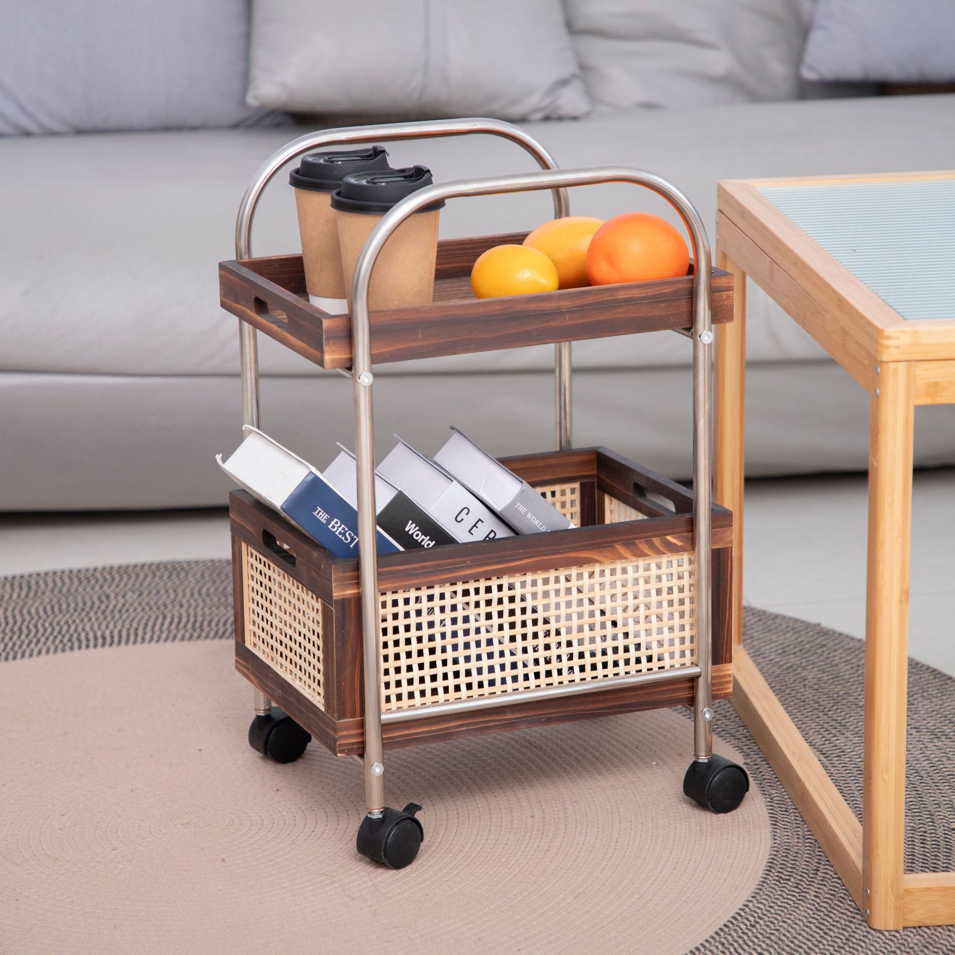 Carro con ruedas de acero inoxidable de estilo antiguo, estante extraíble, sala de estar, baño, sofá, mesa de centro, canasta de almacenamiento