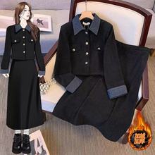 大码秋冬季胖妹妹时尚气质拼接显瘦新中式Polo领加绒连衣裙两件套