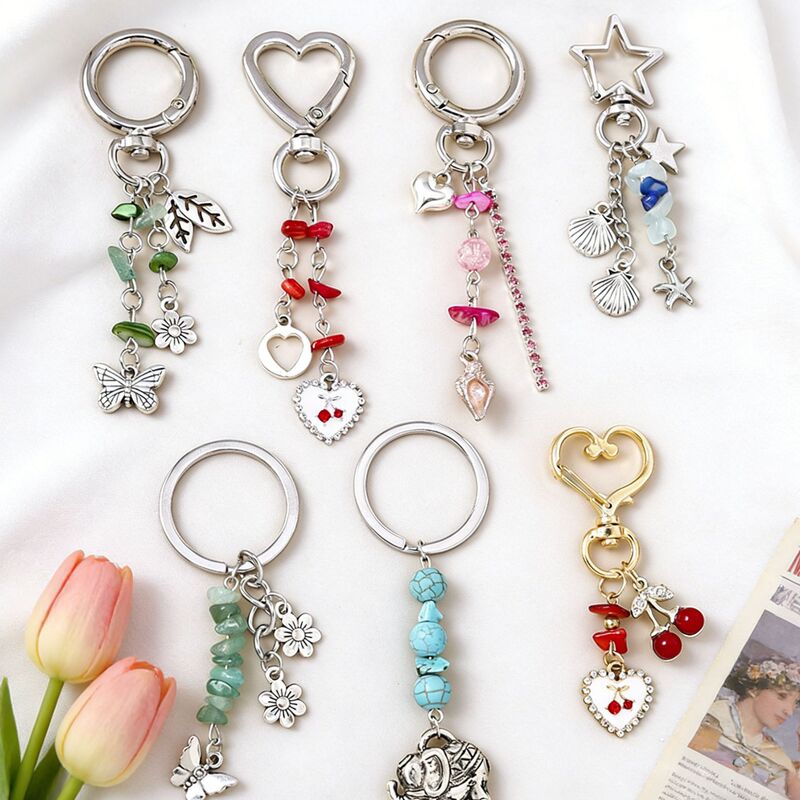 Cross-Border Popular Cherry Heart Keychain, Unisex Style Turquoise Elephant Butterfly Key Ring Backpack Pendant Accessory