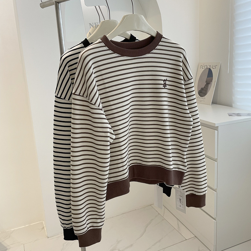 Contrast color striped slimming pullover sweater women's spring and autumn Korean style loose casual all-match embroidered letter round neck top