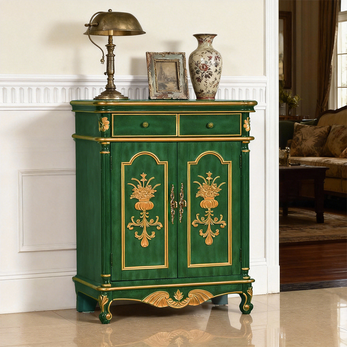 Entrance Carved Shoe Cabinet American Country Entrance Cabinet Living Room Solid Wood Large Capacity Foyer Cabinet Retro Storage Locker