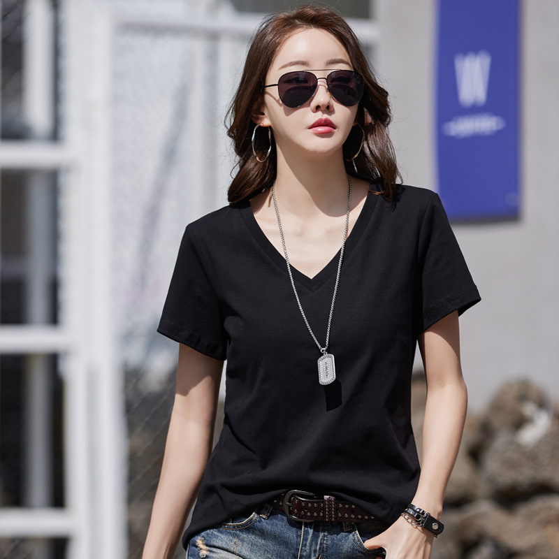 Dropshipping New Summer Short-Sleeved T-Shirt for Women Loose Cotton V Neck Large Size Pure Color Top Purple Cross-Border Supply Dropshipping New Summer Short-Sleeved T-Shirt for Women Loose Cotton V Neck Large Size Pure Color Top Purple Cross-Border Supply