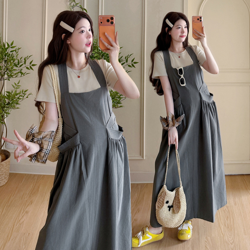 Pregnancy Outfits 2026 Summer New Collection Gray Green Square Neck H-Shaped Twist Sleeveless Halter Strap Dress Maternity Set