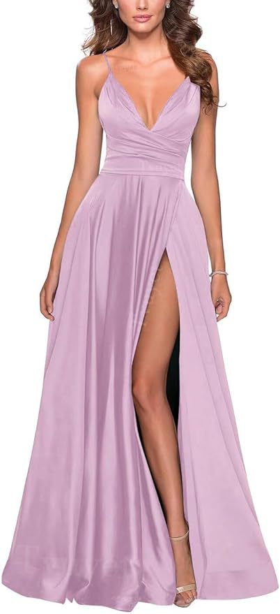 Elegante vestido de fiesta largo con cuello en V dividido, plisado de dama de honor de gasa larga, vestido formal, vestido de noche de satén