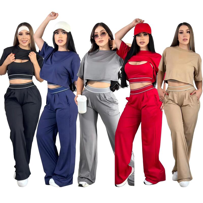 Loose-fitting short top, sexy camisole, wide-leg long pants, casual sports three-piece set (with chest pads) Q6387 Loose-fitting short top, sexy camisole, wide-leg long pants, casual sports three-piece set (with chest pads) Q6387