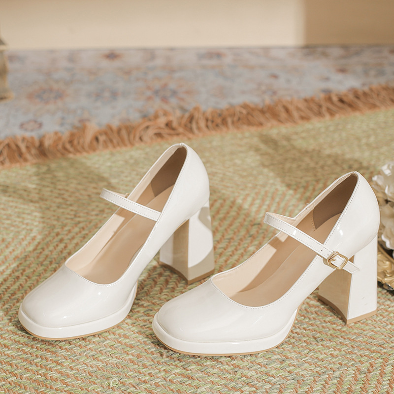 2026 Autumn New Mary Jane High Heels Women's Chunky Heel Patent Leather Square Toe Platform French Style Women's Shoes