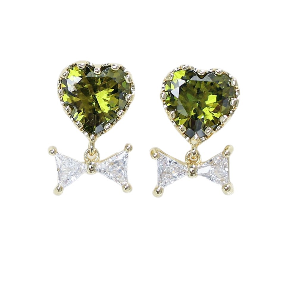 Versione coreana degli orecchini a forma di fiocco d'amore con zirconi verde oliva in argento sterling S925, alla moda, piccoli e freschi, per ragazze._voghion.com