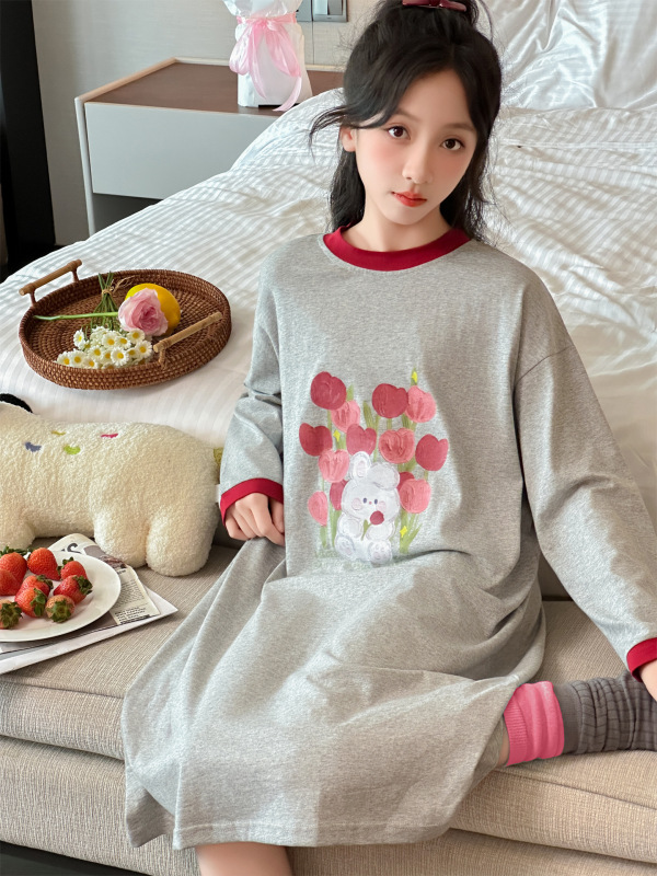 女童睡裙纯棉长袖春秋2025新款儿童女孩长款睡衣女大童高端家居服|undefined