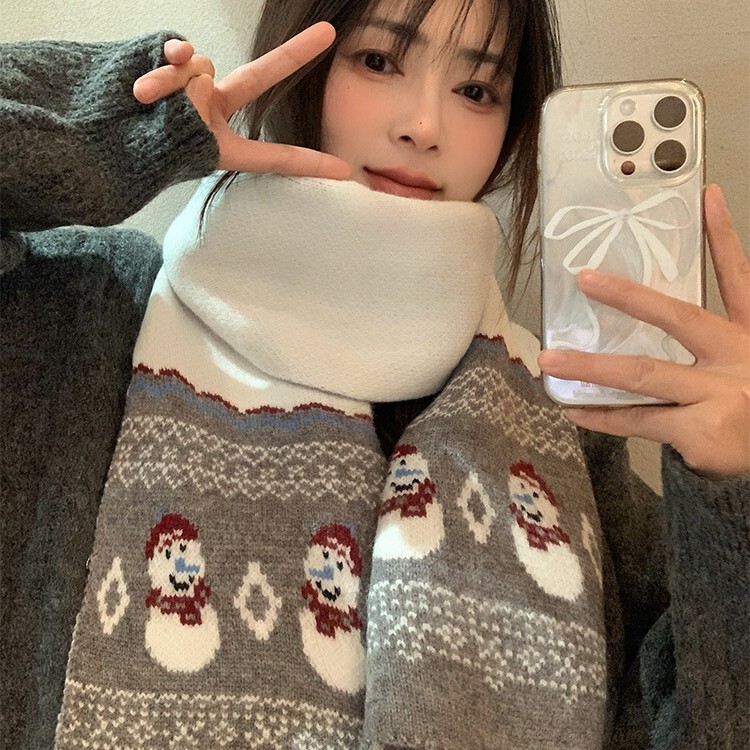 可爱雪人灰色针织围巾女冬季圣诞韩系氛围感保暖百搭学生护颈围脖|undefined