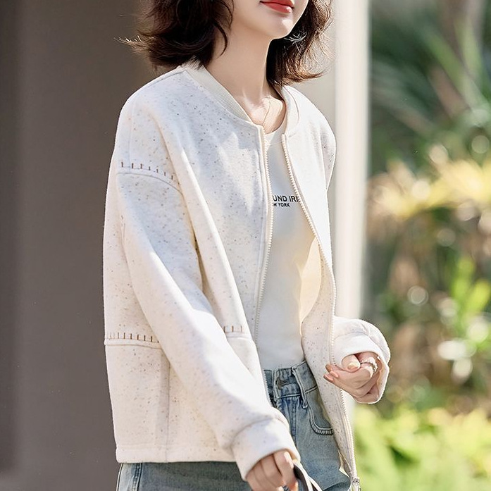 西米白色小香棒球服短外套女2025新款春装小个子无帽卫衣针织开衫|undefined