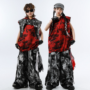 Children's Street Dance Costume Hip Hop Children's Fashion Costume Black Red Cool Boy's suit Girl's Show June 1 Performance Costume