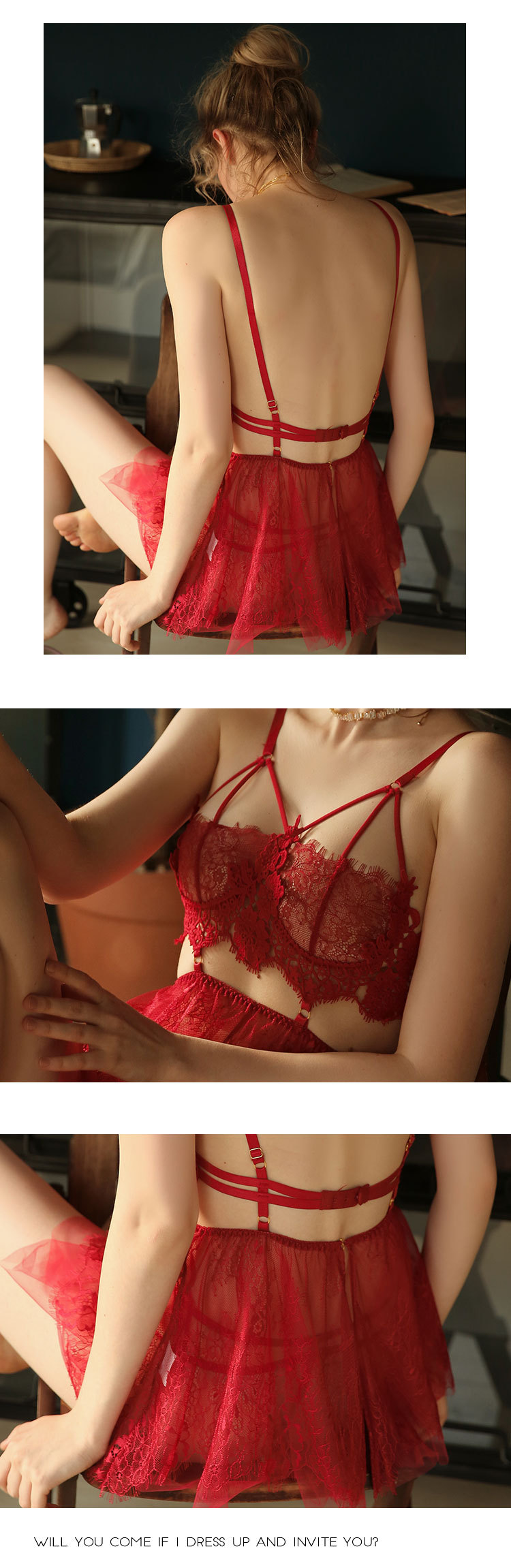 Lace Perspective Babydoll Nightgown with Matching Panty, Red Mesh Sleepwear Set — detail image 11