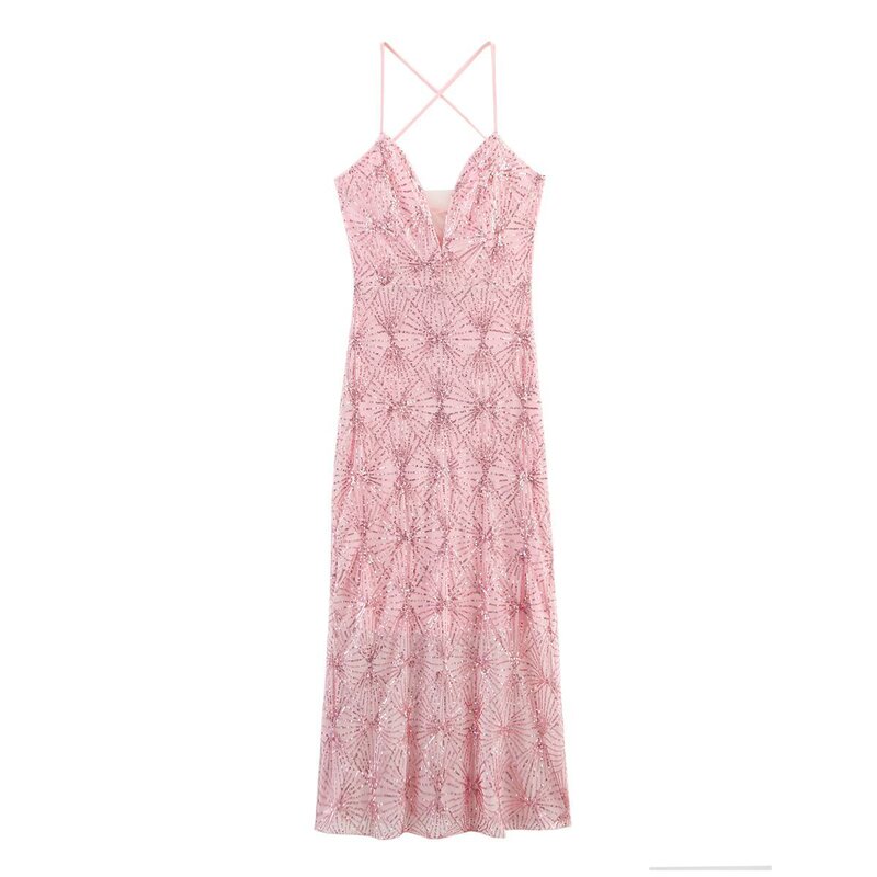 Za Cross-Border Women's Clothing Wholesale French Sequin High-End Long Suspender Dress New Elegant Backless Dress