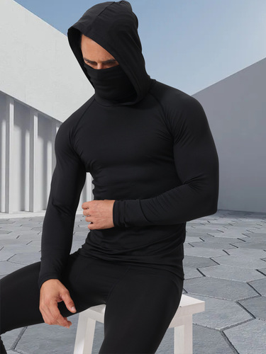 Outdoor Windproof Long Sleeve Fitness Top for Men Training Quick Dry Tight Clothing Dustproof with Integrated Mask High Collar Hooded T-Shirt