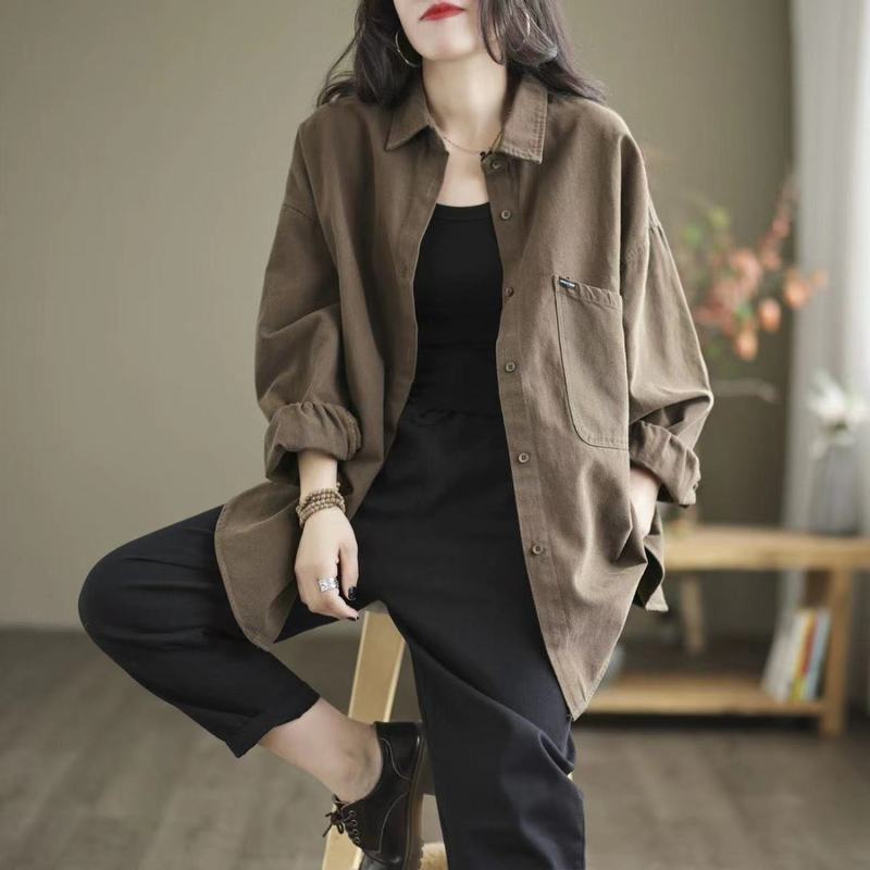 细密灯芯绒长袖翻领衬衫女宽松外套上衣|undefined