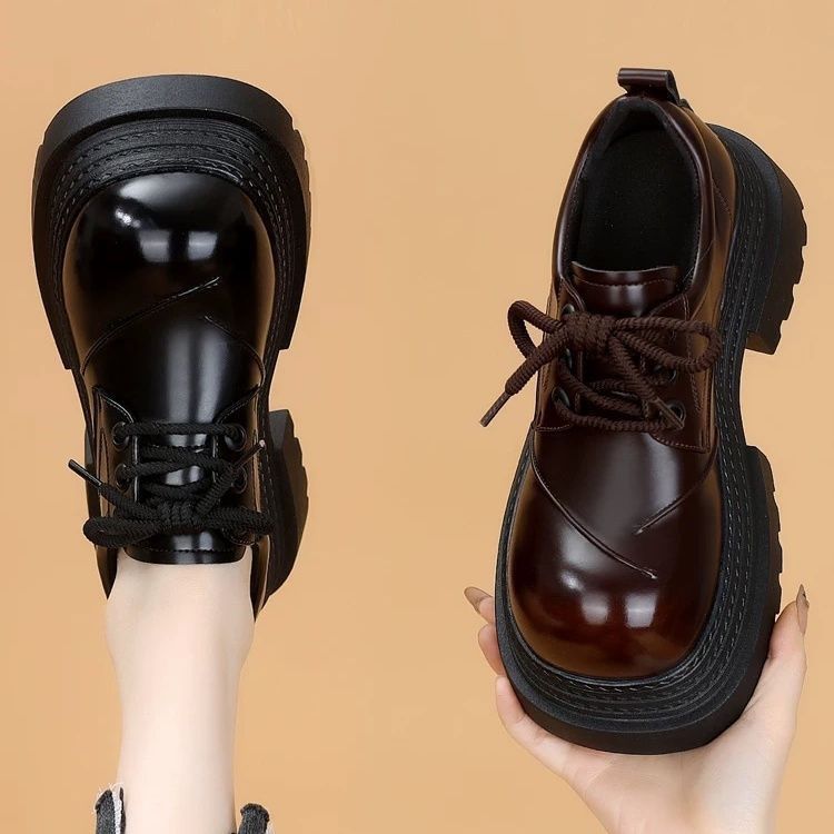 Zapatos Lofu de suela gruesa de 7CM para mujer 2025 primavera y otoño nuevo estilo zapatos con cordones de punta redonda dos zapatos de cuero pequeños de aumento cómodo de algodón