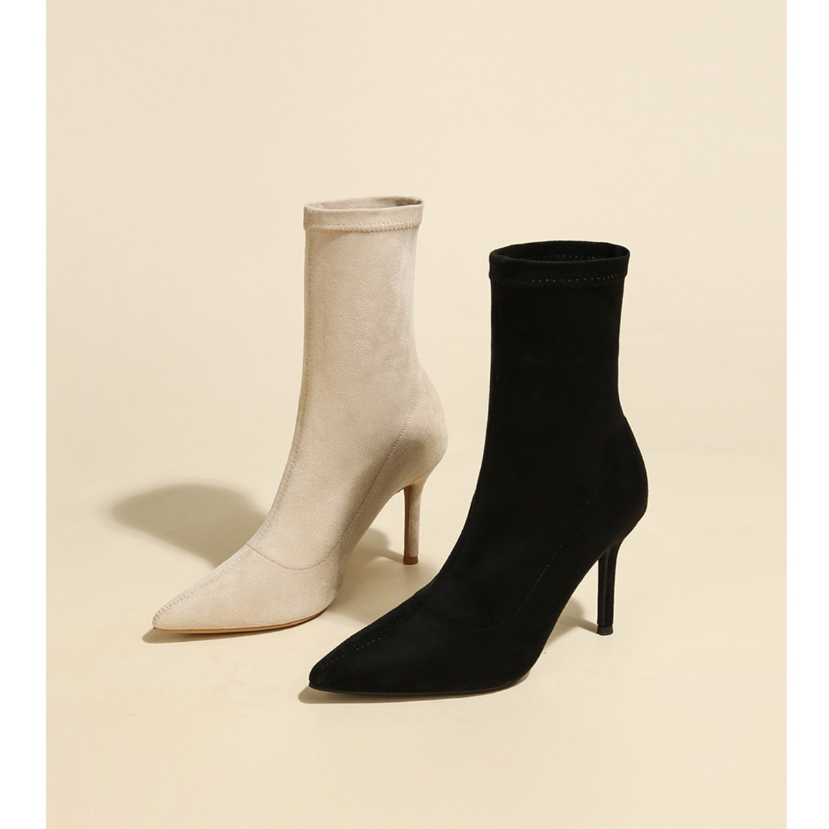 Kanglida Dünne High Heel Short für Damen 2025 Neu Spitze Wildleder Stretch Slim Slim Fit Mid-Calb Sockenstiefel_voghion.com