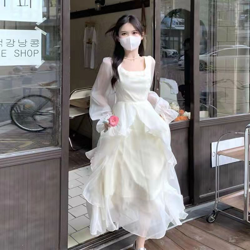 Spring and Summer First Love Fairy White Ruffled Dress Women's French Long-sleeved Design Niche Fairy Long Dress Spring and Summer First Love Fairy White Ruffled Dress Women's French Long-sleeved Design Niche Fairy Long Dress
