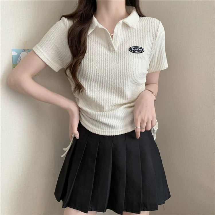 Large size American front shoulder polo neck short sleeved t-shirt for women 2024 new summer chubby mm top design_voghion.com