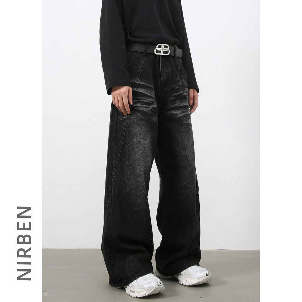 Quần jean nam ống đứng rộng rãi phối mảng giải cấu trúc, denim giặt nước — Đen xám
