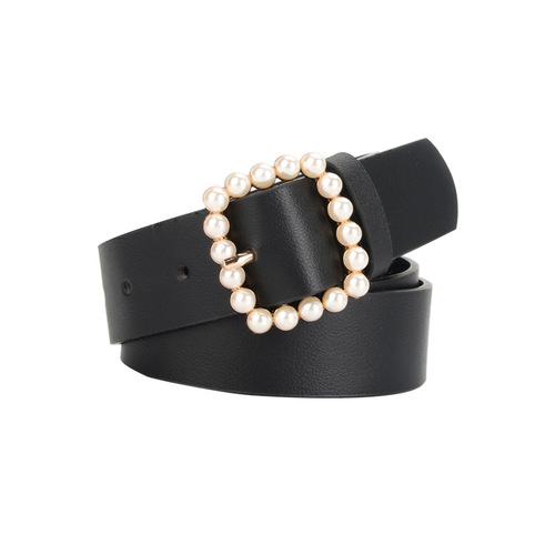 Ladies pearl belt pu waist belt square buckle point pearl sweet strap elegant dress decorative belt