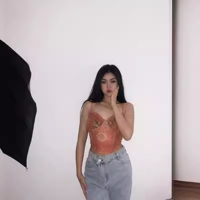 Unique European and American Print Mesh Bralette Tank Top for Women with Brown Outerwear