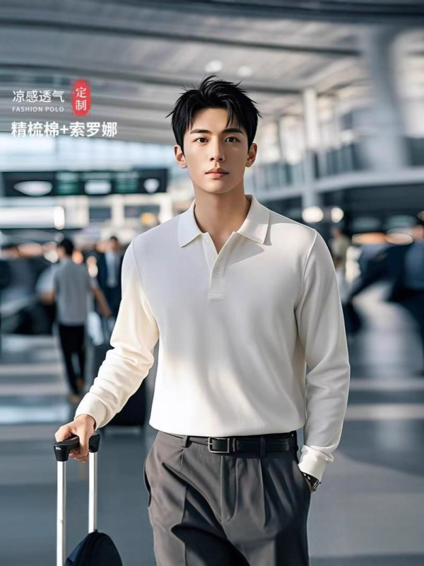 跨境秋冬纯色带领马球t恤shirt翻领男士polo衫长袖工作服刺绣批发|undefined