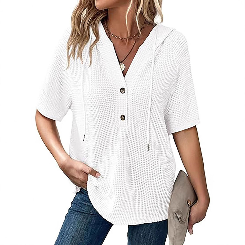 Cross Border 2025 Women's Summer Waffle Knit Short Sleeve Top Lightweight Drawstring Hoodie Button V-Neck Shirt