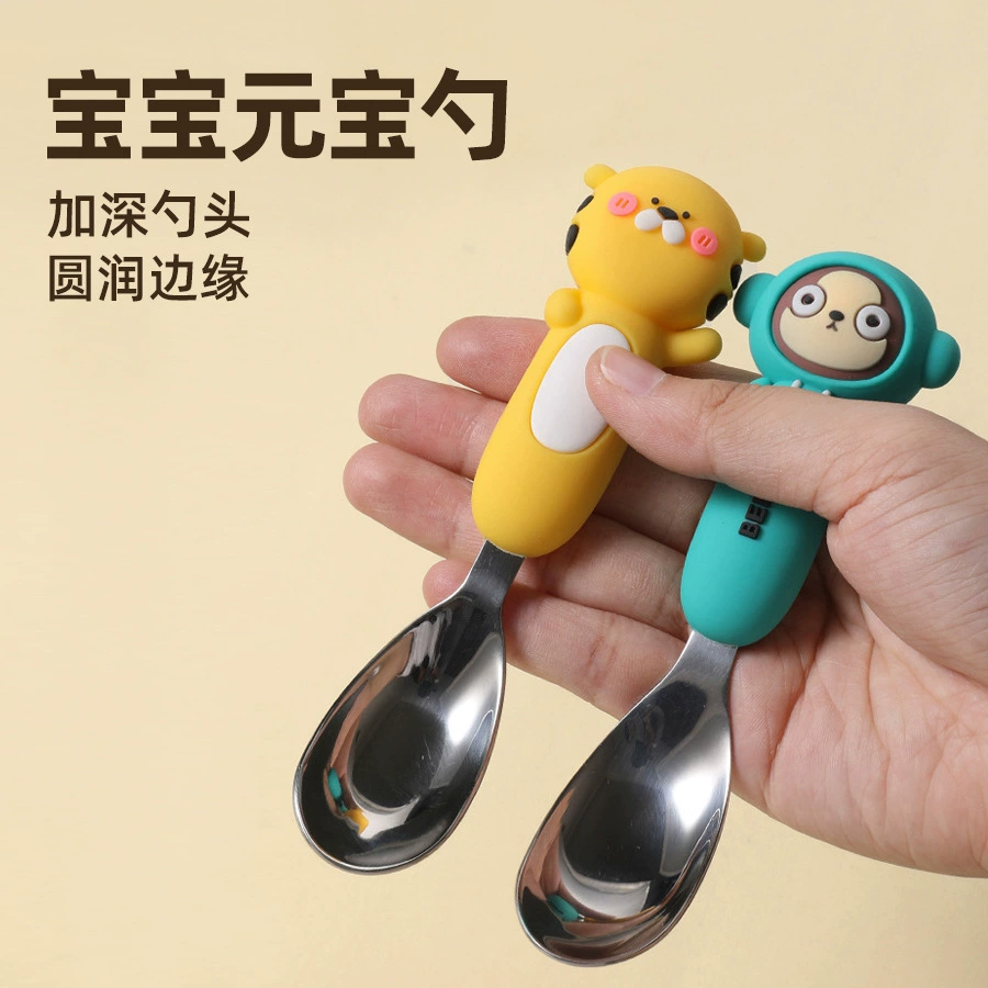 Карточная карта 316L Детская ложка из нержавеющей стали мультяшный слиток ложка для детского обучения короткая ручка для кормления ложка