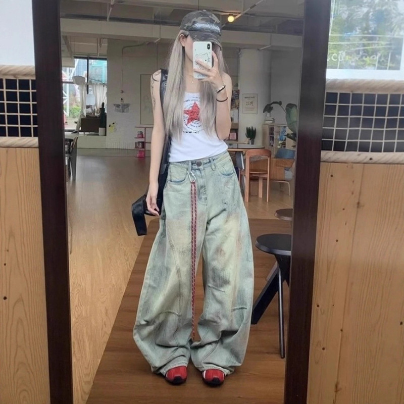 American Retro Dirty Dyed Scimitar Jeans Women's Autumn Design Workwear High-Waisted Loose Wide-Leg Sickle Pants American Retro Dirty Dyed Scimitar Jeans Women's Autumn Design Workwear High-Waisted Loose Wide-Leg Sickle Pants