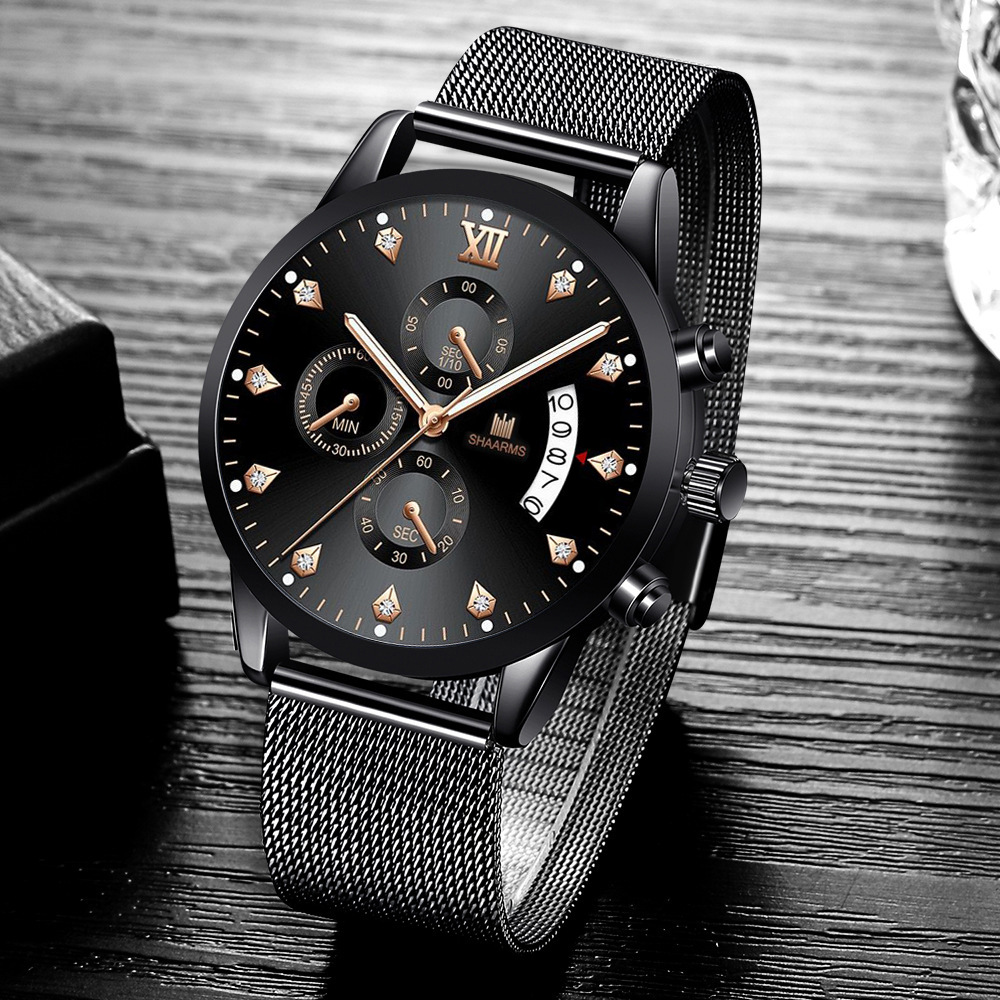 Wish Men's Quartz Watch Personalized Trendy Roman Scale Fake Three-Eye Alloy Mesh Strap Calendar Watch Men's Model