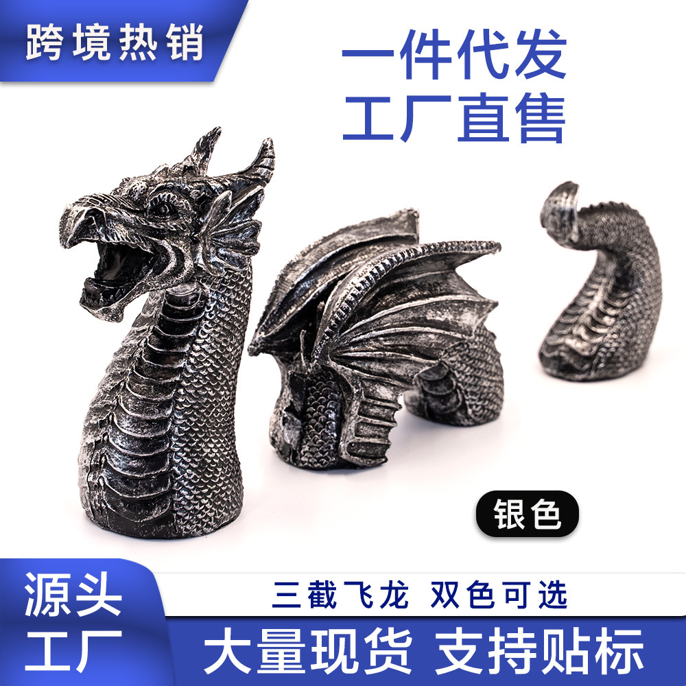 Resin Crafts Garden Courtyard Dragon Ornaments Black and Silver Three-section Dragon Statue Garden Decoration Crafts Ornaments