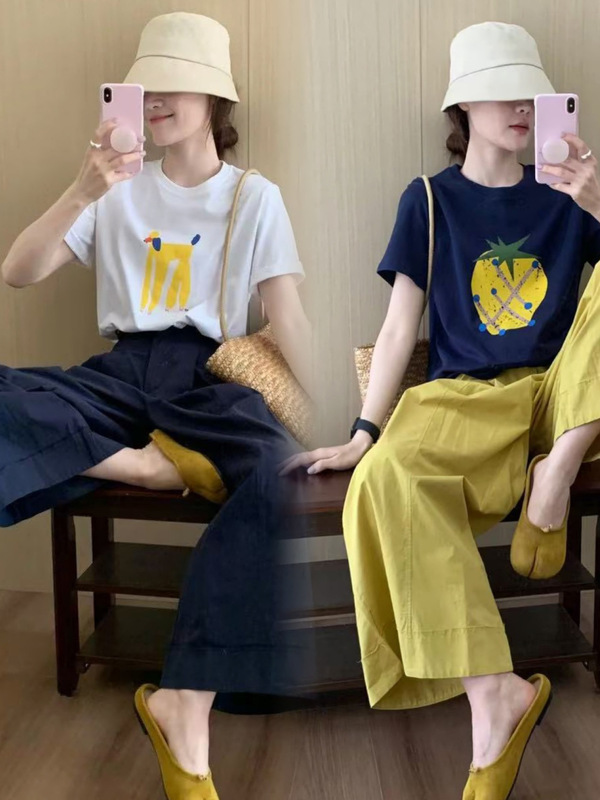 2025夏季新款韩系穿搭慵懒风短袖T恤上衣搭配阔腿裙裤两件套女潮|undefined