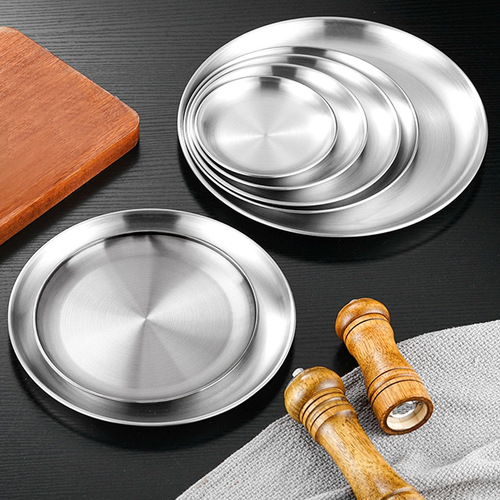 Food-grade Korean stainless steel disc barbecue plate silver tray fruit plate barbecue buffet plate shallow plate bone plate