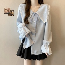 春秋大码蕾丝娃娃领喇叭长袖衬衫女新款宽松上衣减龄漂亮衬衣