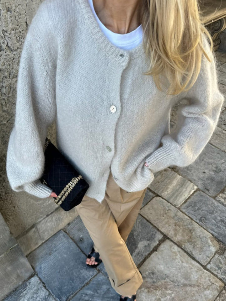 Áo cardigan len dệt kim dáng mỏng nhẹ cài nút một hàng, tay dài cổ tròn nữ — hoa hồng đỏ, màu be, màu cam, màu hoa cà chi tiết 114