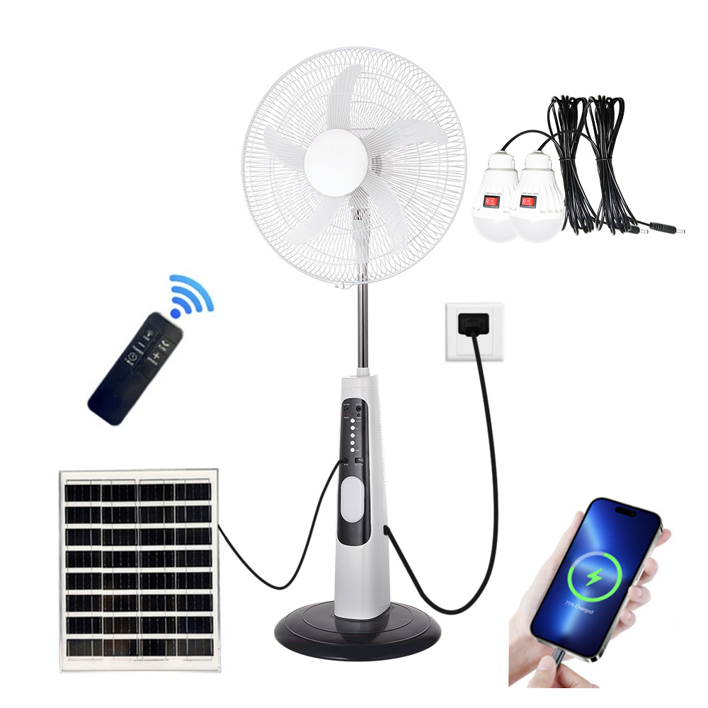 Ventilador de piso recargable de 18 pulgadas con batería de gran capacidad con iluminación de ventilador de emergencia de carga de teléfono móvil