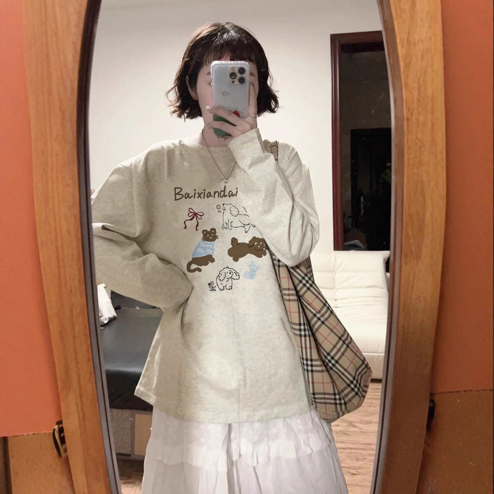 플러스 사이즈 순면 아메리칸 스타일 오른쪽 어깨 홍콩 스타일 시크 팻 mm 여성용 긴팔 티셔츠 새로운 루즈 니치 이너 레이어링 셔츠